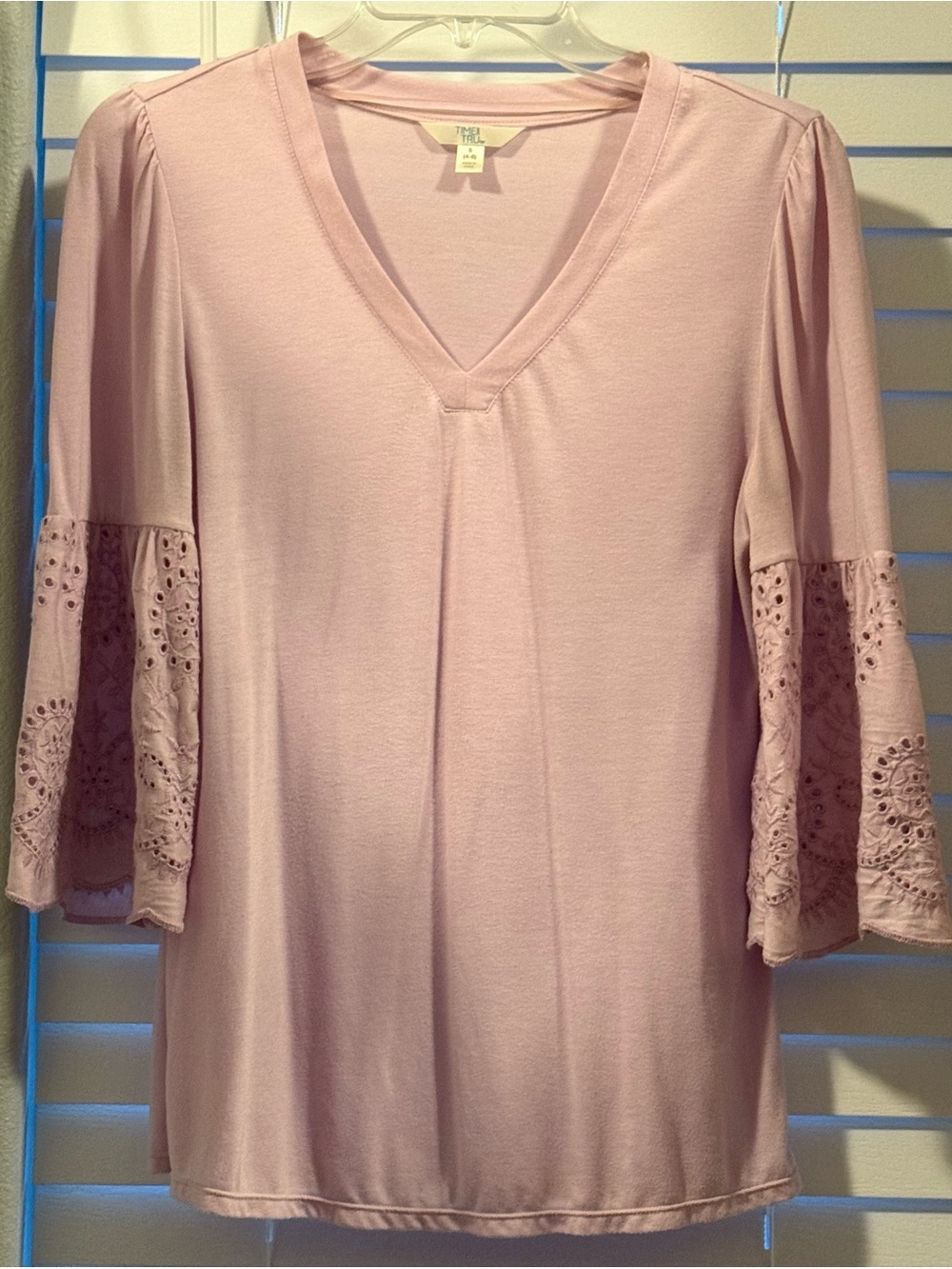 Time and Tru Blush Pink V-Neck Tunic with Lace Bell Sleeves